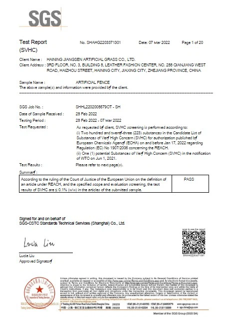 Reach Test Certification for Synthetic Turf Roll Reach Test Certification for Synthetic Turf Roll
